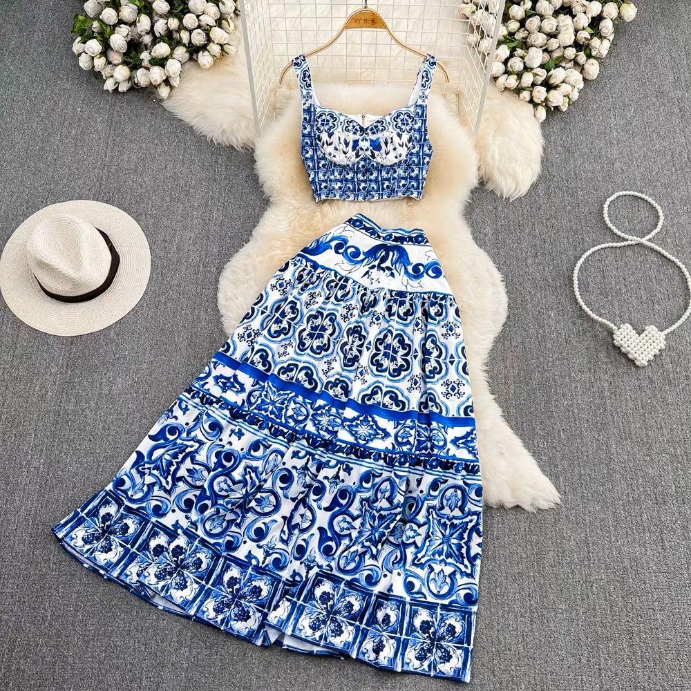 Suzie Porcelain Print Luxury Coord Set In Blue