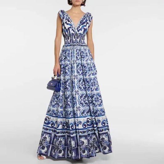 Wester Porcelain Print Maxi Dress In Blue
