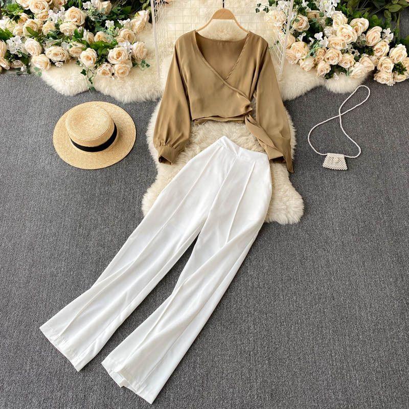 Lara Coord Set In Beige Top & White Pants