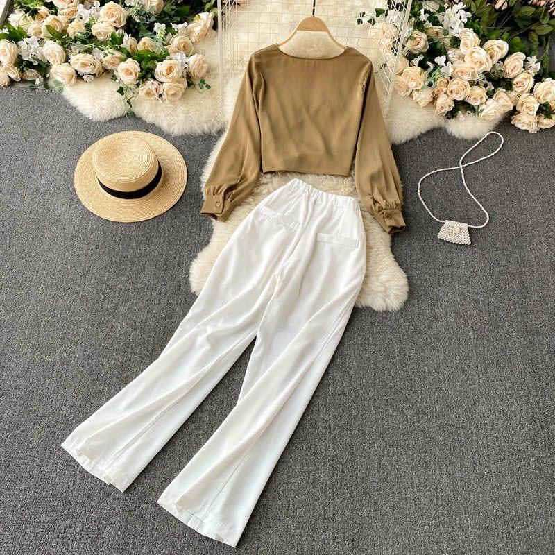 Lara Coord Set In Beige Top & White Pants