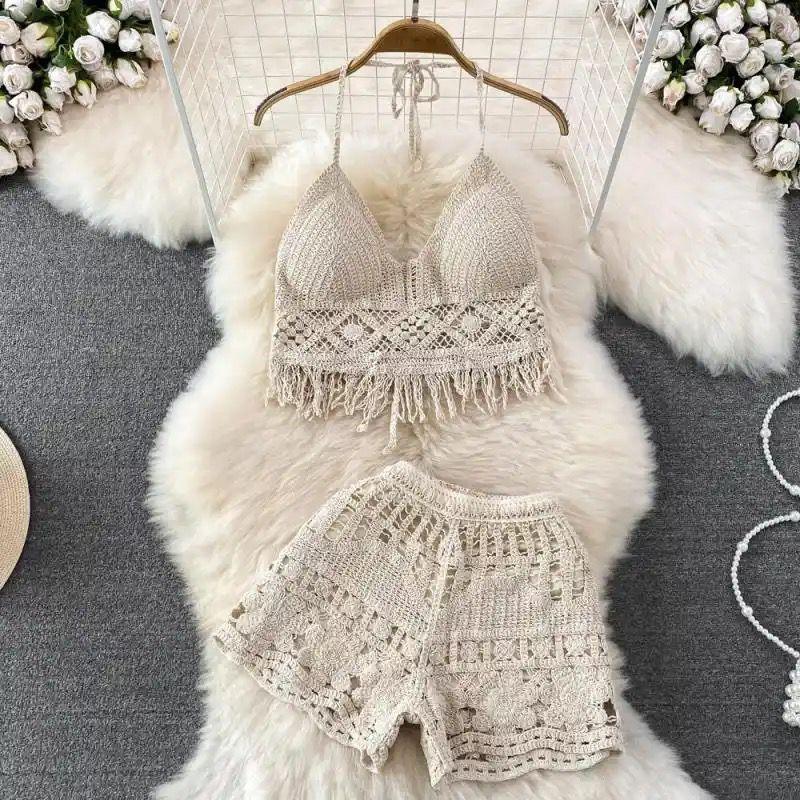 Lucaso Crochet Resortwear Set In Beige