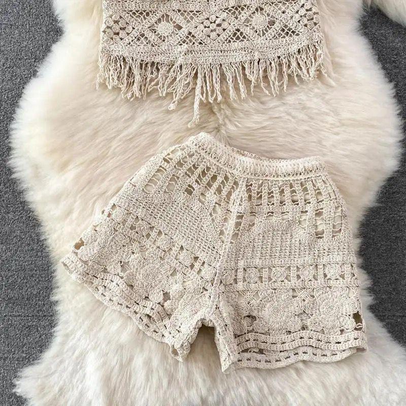 Lucaso Crochet Resortwear Set In Beige