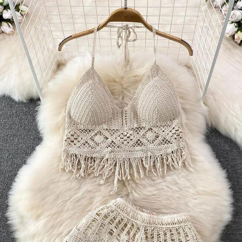 Lucaso Crochet Resortwear Set In Beige