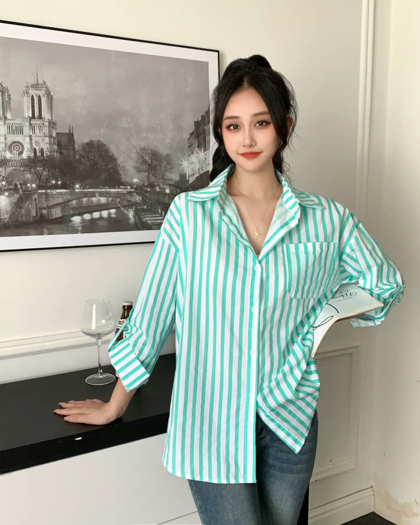 Louise Striped Summer Oversized Shirt In Green