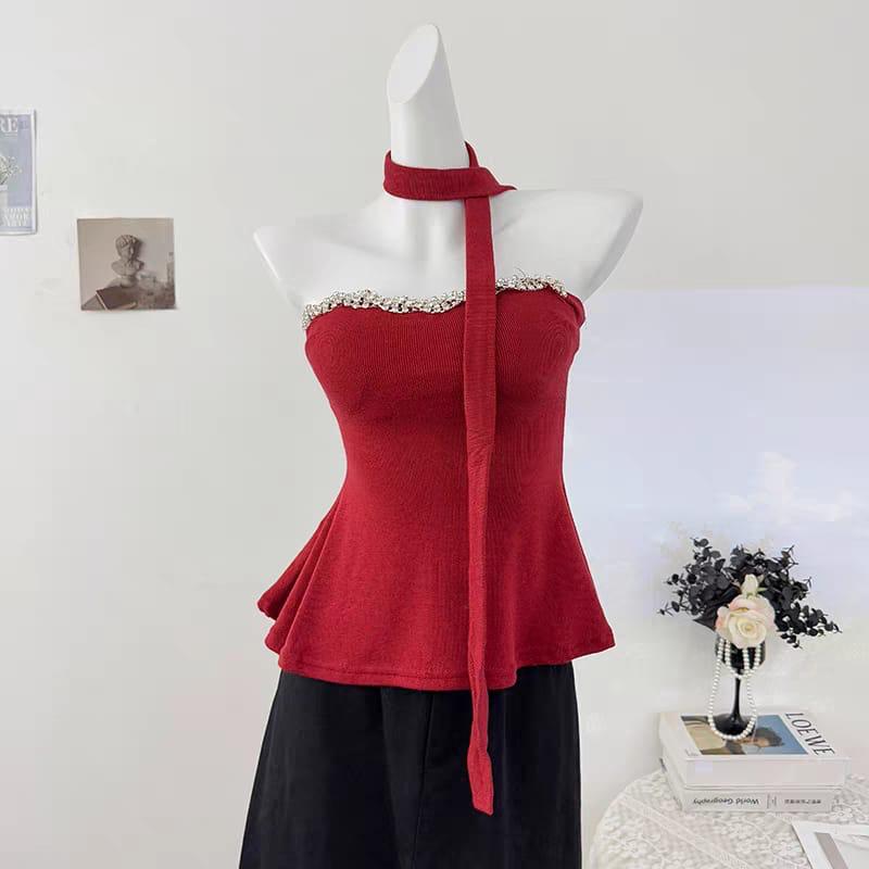 Hazel Embellished Padded Top With Scarf
