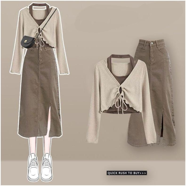 Ritsy Summer Coord Set of Top and Skirt In Brown