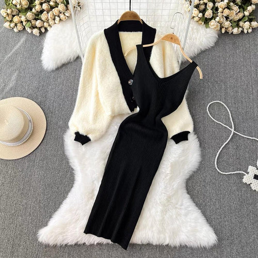 Zaisha Set of Dress and Cardigan In Beige