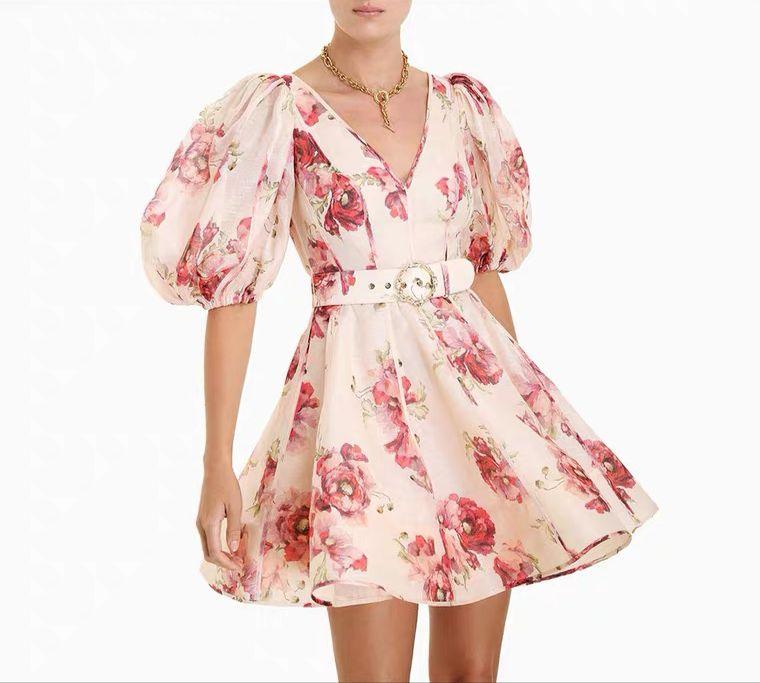 Zariah Luxe Belted Statement Dress In Peach