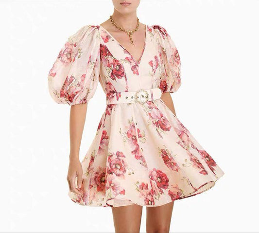 Zariah Luxe Belted Statement Dress In Peach