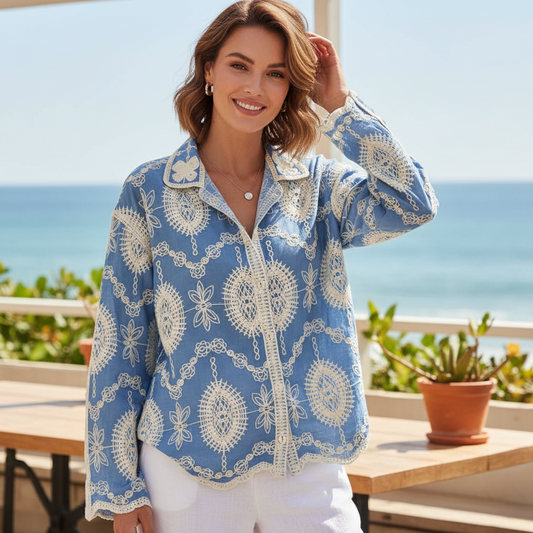 Hana Premium Embroidered Cotton Shirt In Blue