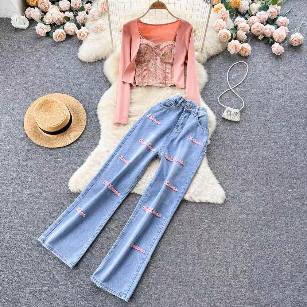 Simian Set of Top, Cape and Denims In Peach