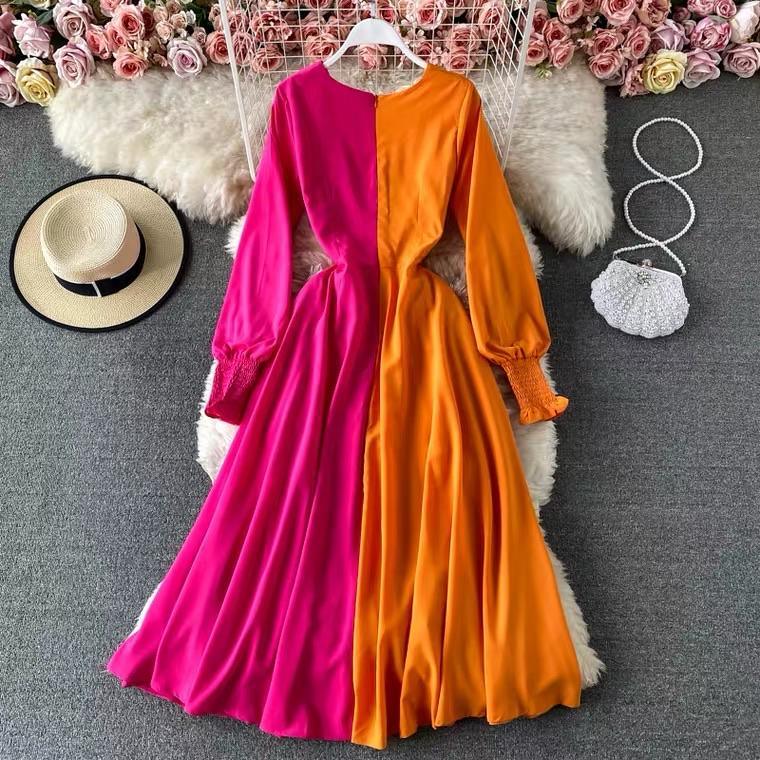 Colour Block Maxi Dress In Pink and Orange