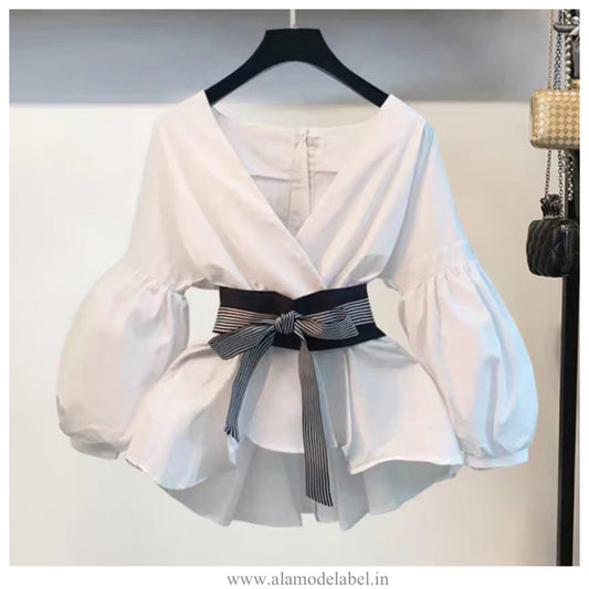 Luxury Bubble Sleeve Top with Pants In White