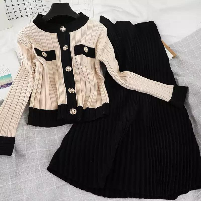 Bisco Winter Coord Set In Beige Top & Black Skirt