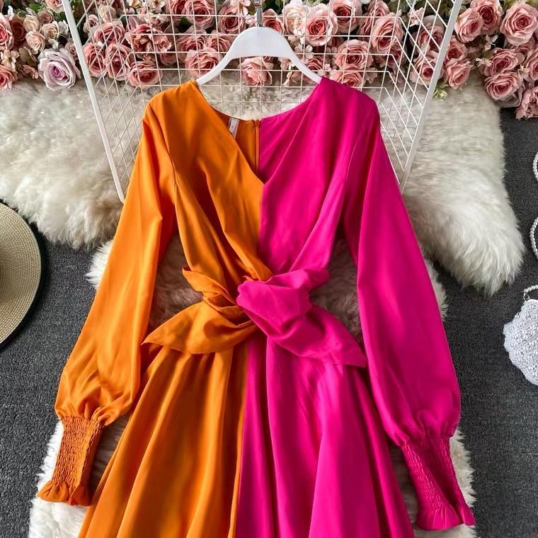 Colour Block Maxi Dress In Pink and Orange