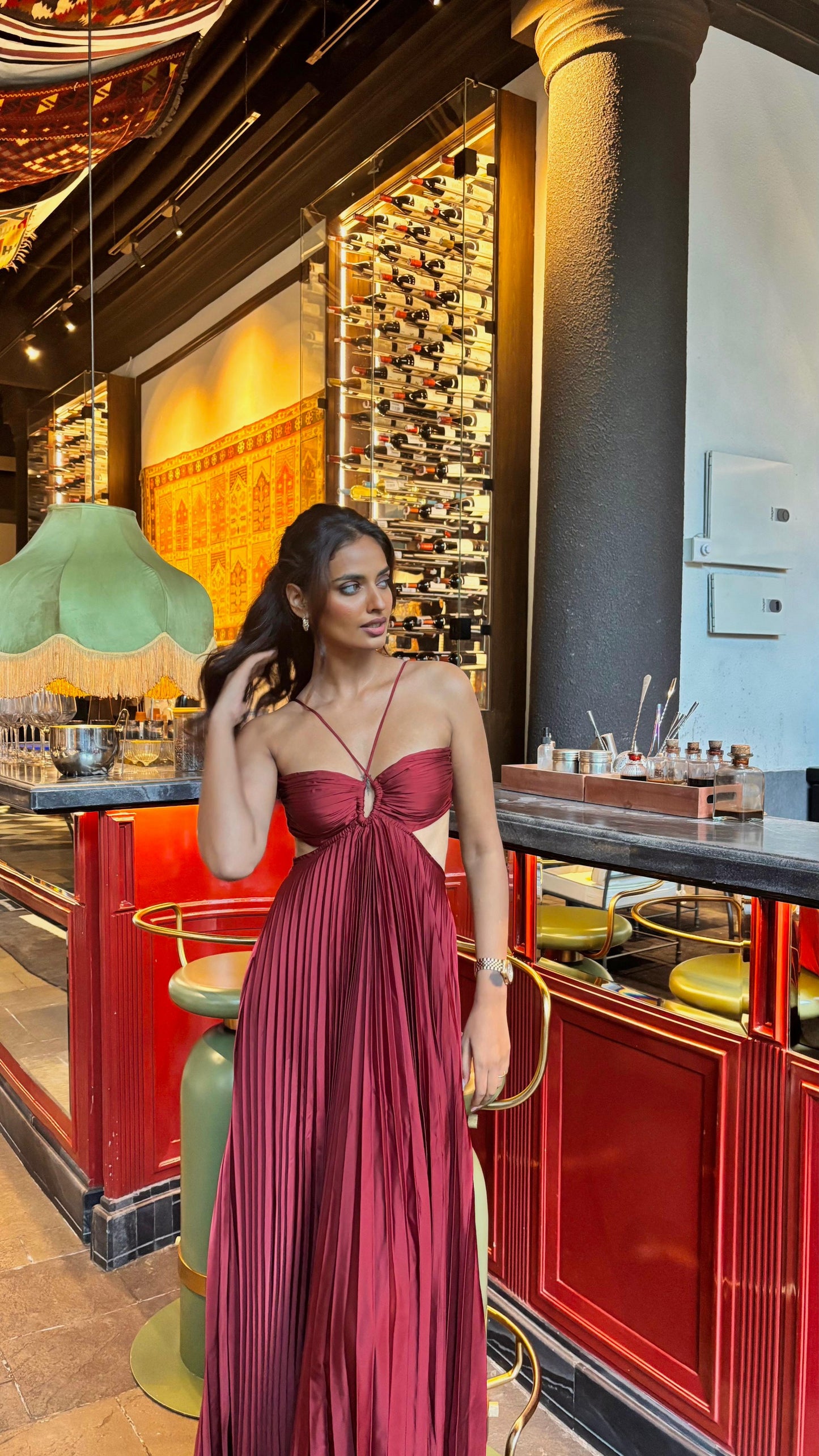 Hay Luxe Pleated Flowy Maxi Dress In Maroon